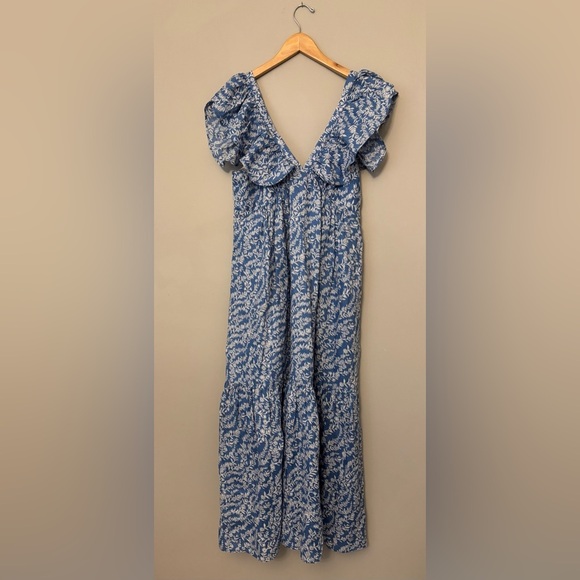 Elie Tahari Bohemian Floral Sleeveless Ruffle Maxi Dress Blue Linen  Women's 10